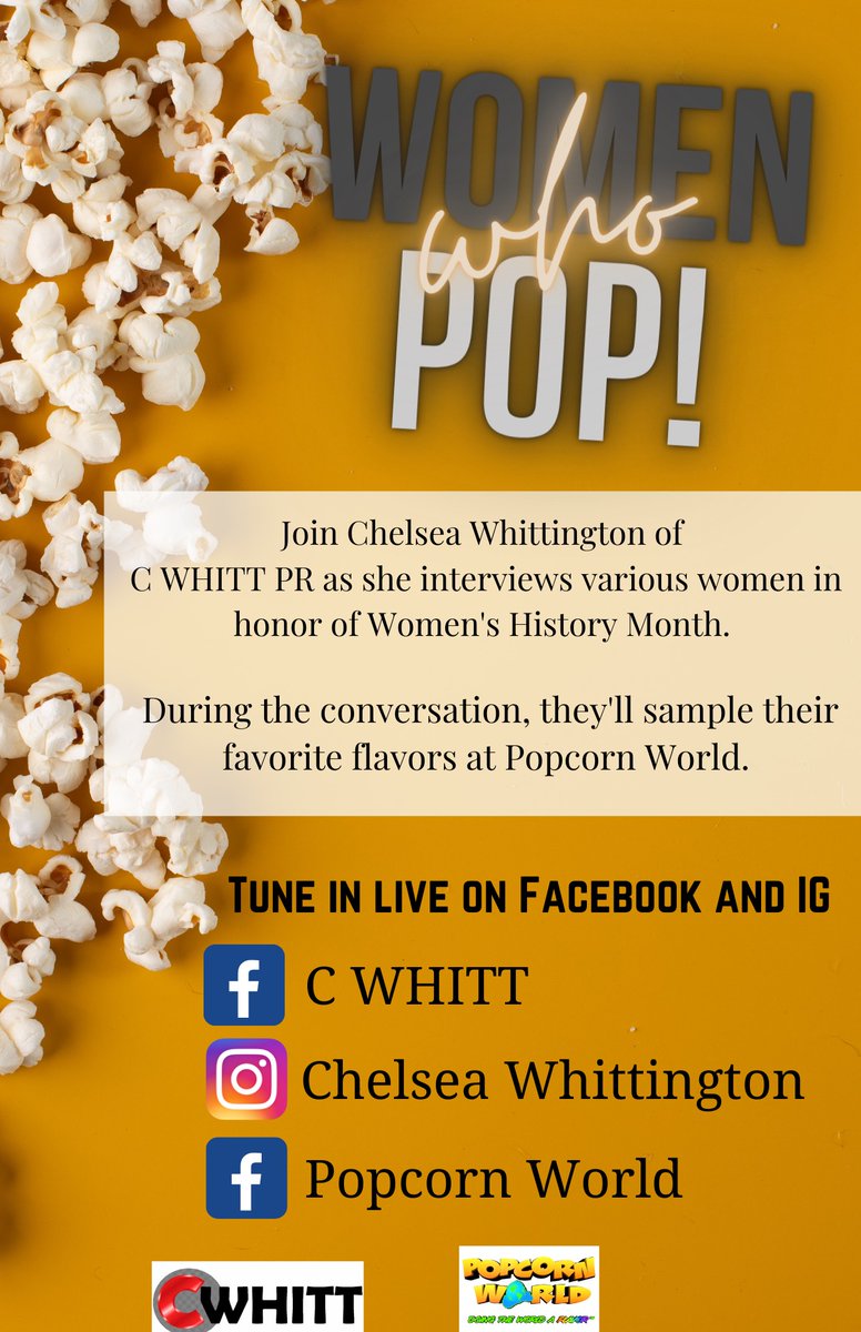 CLWhittington's tweet photo. I am so excited about the kick -off of the "Women Who Pop" series later today! I hope you will tune in via Facebook live or Instagram at 4 PM to see who the 1st interviewee will be! Popcorn World #WomensHistoryMonth #WhoyouWHITT #CWHITT https://t.co/uiBoARwdim