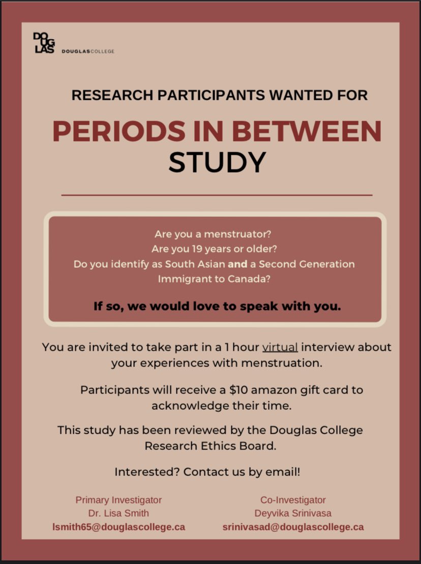Period_Packs's tweet photo. @douglascollege is seeking research participants to look at the menstrual experience https://t.co/fnPBjlFO0E