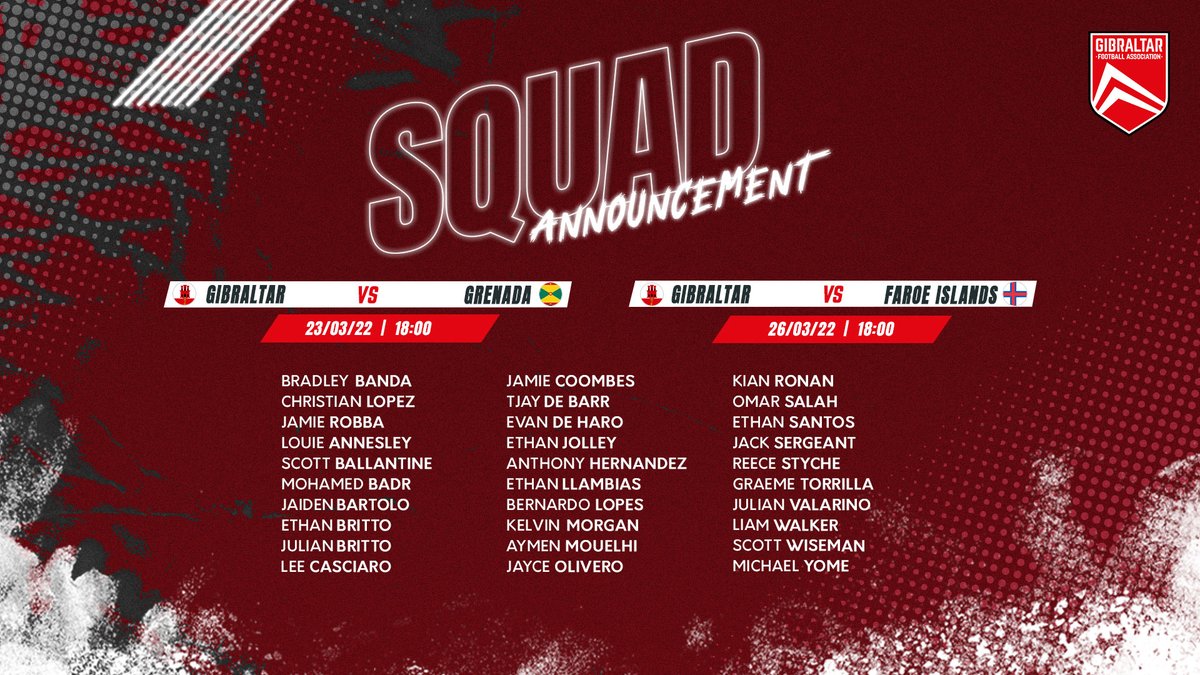 GibraltarFA's tweet photo. 📣ICYMI… 

Here’s your 🇬🇮Men’s Preliminary Squad to face Grenada 🇬🇩 and Faroe Islands 🇫🇴 in the upcoming March International Friendlies at home!

Get your tickets now from https://t.co/fMEAvBfSsF to make sure you don’t miss out on the action‼️ https://t.co/0sONTLzPAO