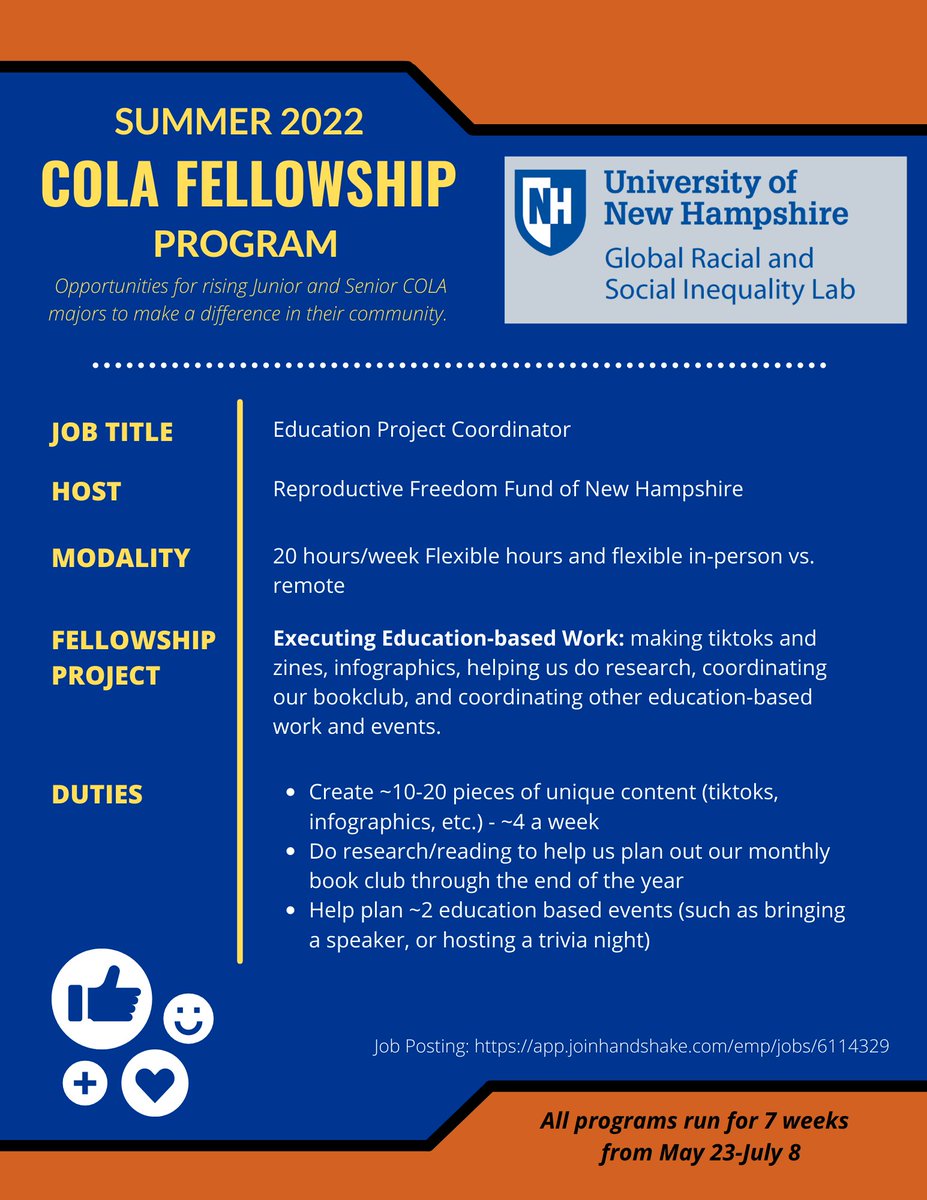 UNH_GRSIL's tweet photo. COLA and GRSIL are piloting a paid summer fellowship program for students enrolled in COLA majors. COLA junior and senior students with a passion for social justice and skills to promote positive change will be paired with an organization to work for 7 weeks, May 23-July 8. https://t.co/n2wbLDm6EJ