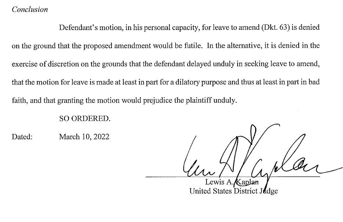 KlasfeldReports's tweet photo. News—

A federal judge DENIES Trump's motion to amend his answer to @EJeanCarrol's lawsuit in order to countersue her, slamming "delay" tactics in a scathing opinion.

Background, @LawCrimeNews https://t.co/bMVcDq1cpP https://t.co/DWHpEtt6Ll
