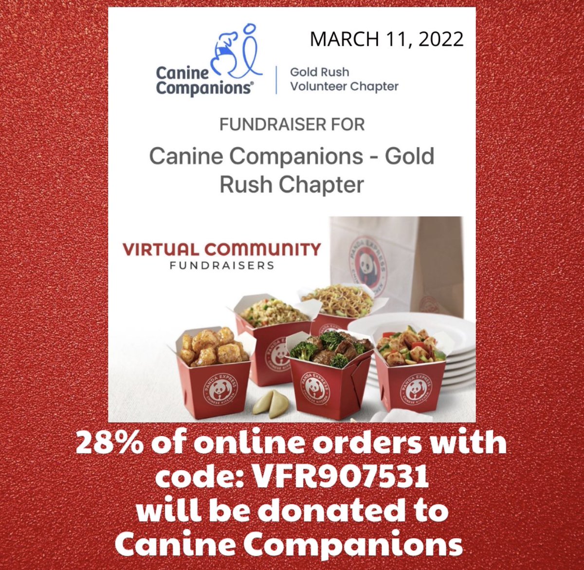 InDOMitablePup's tweet photo. Today is our Panda Express fundraiser! Use our fundraiser code and 28% of sales nationwide today will go to @canineorg https://t.co/Uj7abQmAGD