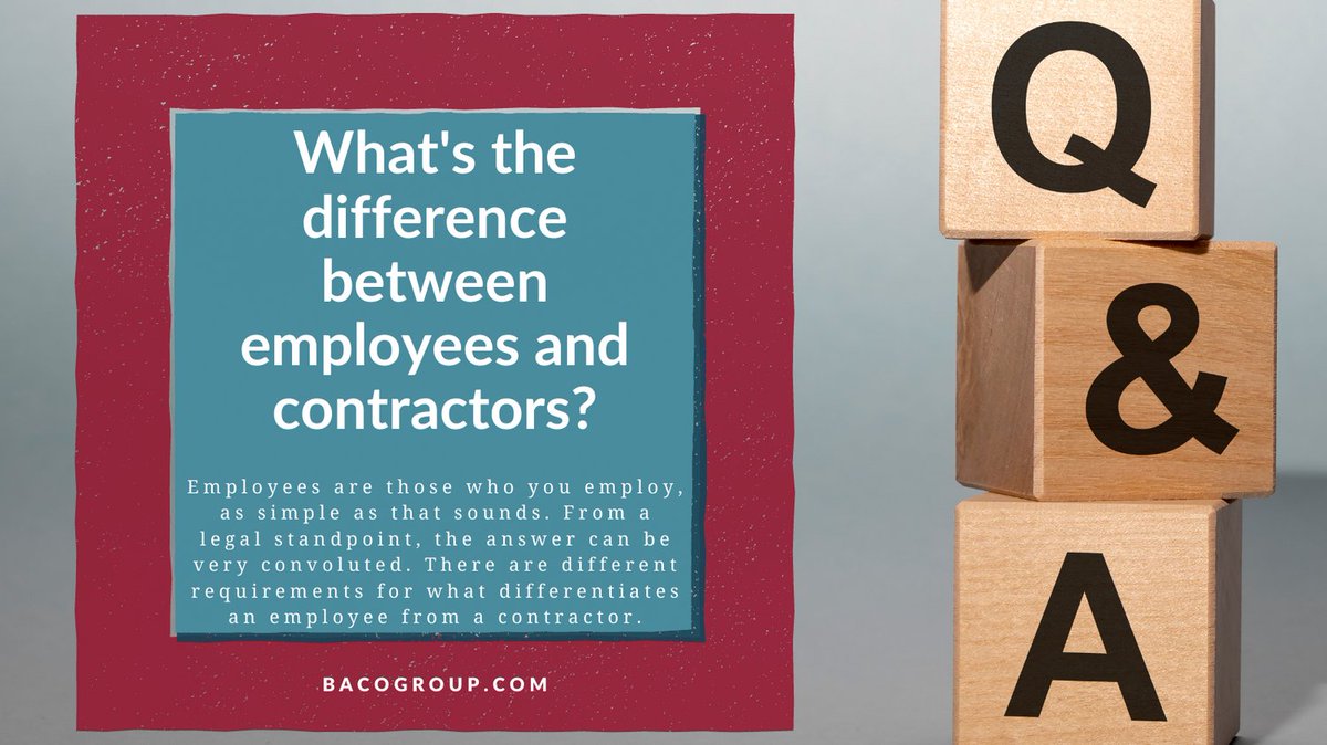 GroupBaco's tweet photo. There are key differences between employees and contractors. One is that employees can be controlled as they are the bread and butter of your company. Contractors add value. To read more about those, see our blog on our website, https://t.co/H72VNFB0EV
#tax #qanda #smallbusiness https://t.co/xVNwlJuCsY