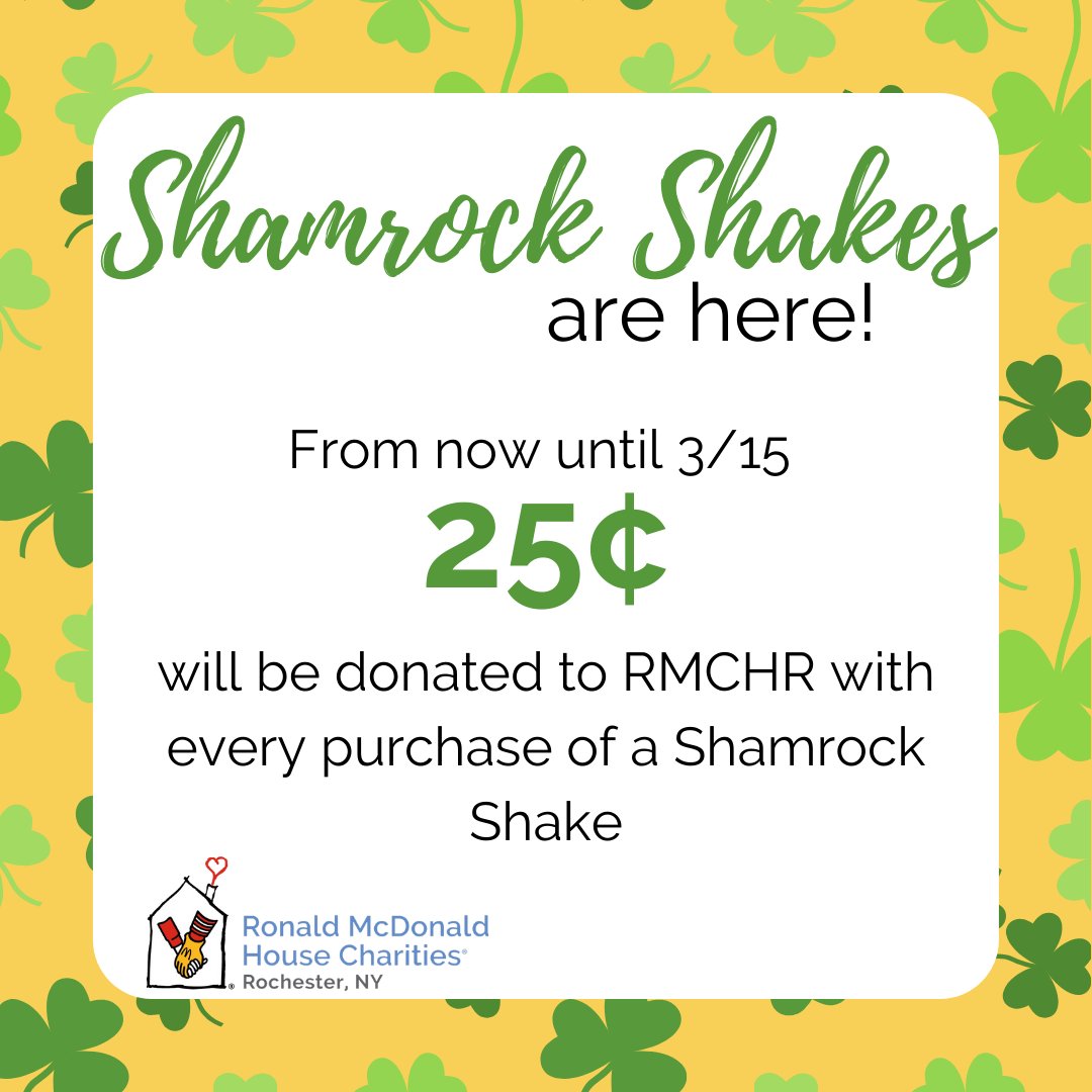 Shamrock Shakes are back! And this year, for a limited time only, 25¢ will be donated to your local RMHC Chapter with every purchase of a Shamrock Shake. Make sure to tag RMCR and share how your family enjoys their Shamrock Shakes!

#shamrockSZN
