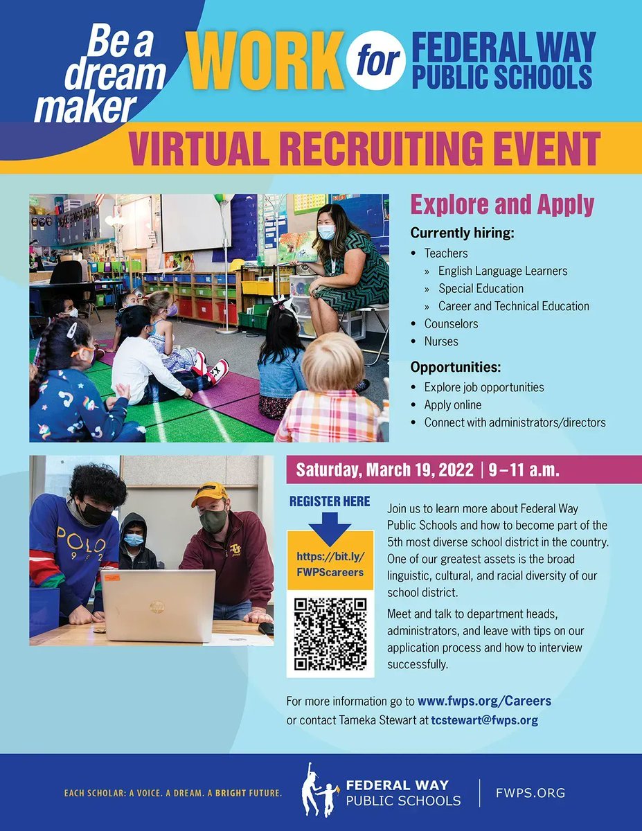 FWPS210's tweet photo. Join us for a Virtual Recruiting Event! Learn about employment opportunities for English Language Learners, special education, and career &amp; technical education teachers, counselors, and nurses. The event is Saturday, March 19, 2022, 9-11 a.m. Register at https://t.co/XMDBZr5ZP7 https://t.co/Jd5Uu6eD2c