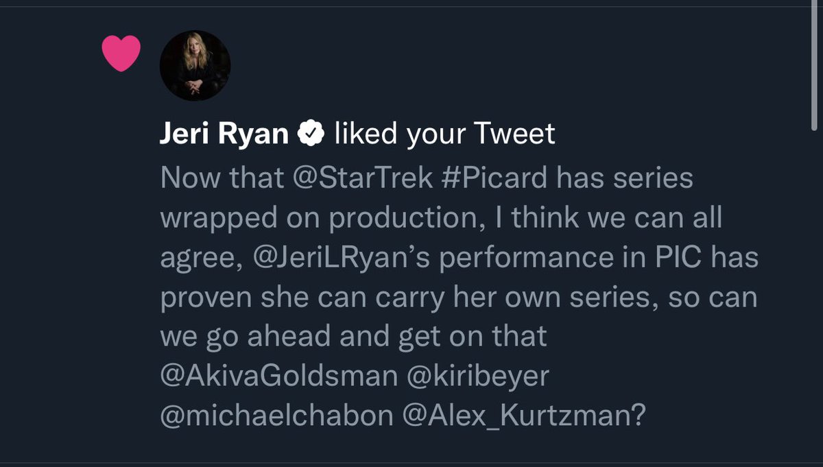 At my work I meet “famous” people everyday, but I swear I have never been more star struck than when I looked at my phone and saw that THE <a href="/JeriLRyan/">Jeri Ryan</a> liked my tweet. <a href="/Alex_Kurtzman/">Alex Kurtzman</a>, Give her a show already dammit!

<a href="/JeriLRyan/">Jeri Ryan</a>, you’re incredible, and thanks for making my day! ❤️🖖