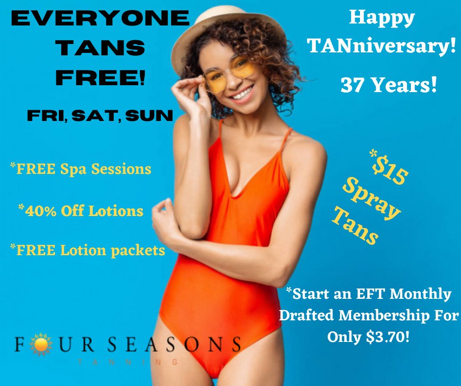 FourTanning's tweet image. It's here!!!!! 🤩
Stop in today thru Sunday and Tan for FREE!
Don't forget about the FREE Spa Sessions too!
We've got refreshments, giveaways and everything is on sale!
#FreeTanWeekend #fourseasonstanningsalon #biggestsaleoftheyear😱😱