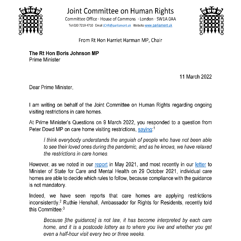 HumanRightsCtte's tweet photo. Our Chair @HarrietHarman has written to the Prime Minister @BorisJohnson regarding ongoing visiting restrictions in care homes. 

Read the letter here: https://t.co/EQqP7hk2f1 https://t.co/oJAaw5ZYMR