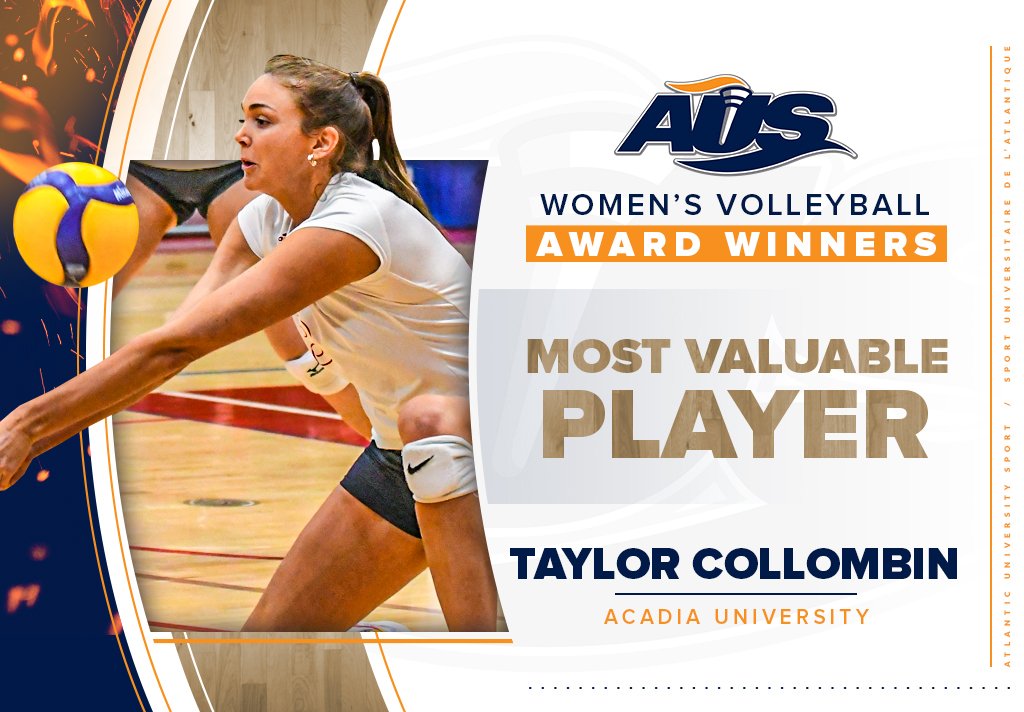AUS_SUA's tweet photo. We're pleased to announce the 2021-22 AUS women's volleyball major award winners and all-star teams!✨

This year's most valuable player is fourth-year outside hitter Taylor Collombin of @AcadiaAthletics!

🏐Check out the entire winners' list here: https://t.co/rsG35Y5NXS https://t.co/l27fSqU9RS