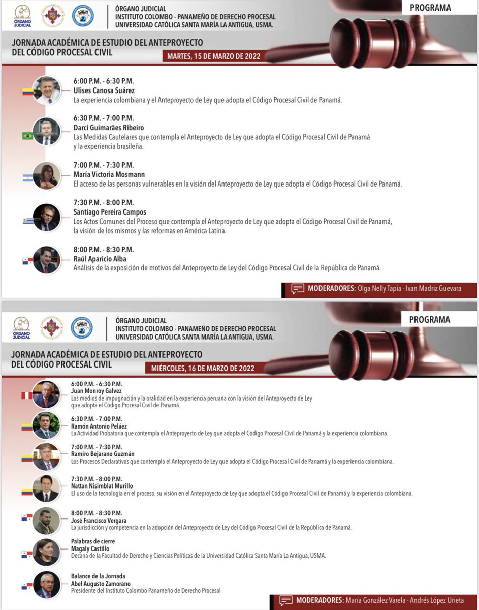 Los invito a participar en la Jornada Académica sobre Anteproyecto de Código Procesal Civil de Panamá del 14 al 16 de marzo en modo virtual.  Evento organizado por el <a href="/OJudicialPanama/">OJudicialPanamá</a> el Instituto Colombo Panameño de Derecho Procesal y la <a href="/USMApanama/">USMA Panamá</a>