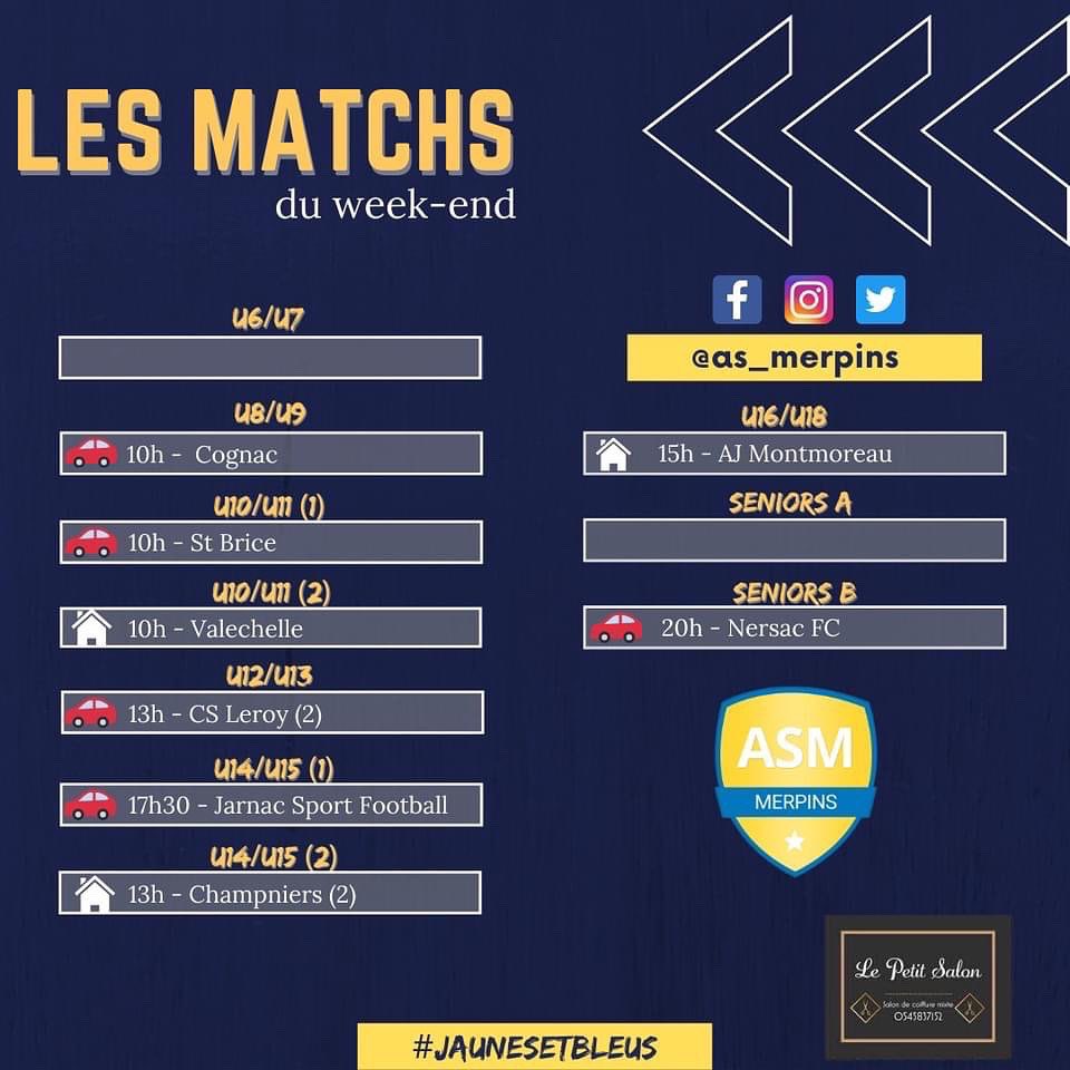 AS_Merpins's tweet photo. 🚨 LES MATCHS DU WEEK-END 🚨

Un gros programme football ce week-end ⚽️

Toutes les rencontres auront lieu ce samedi de 10h pour notre école de foot, jusqu'à 20h pour nos séniors B, tout en n'oubliant pas les matchs de 13h, 15h et 17h30 😃

#JaunesEtBleus 🔵🟡 https://t.co/Di4EWAfL7q