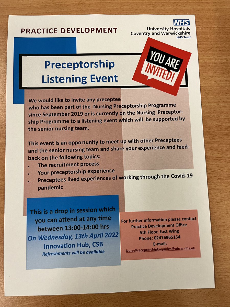 Are you a current UHCW Nursing Preceptee or have you been a UHCW Nursing Preceptee since September 2019? If so we would love to welcome you to attend our Preceptorship Listening Event. @Heather_Price09 @vickyADN @SALLYEMPTAGE @paula_seery @UHCWP2E @BrigstockTracey