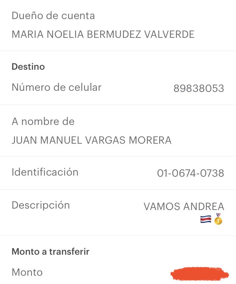 Este es el número para el Sinpe, a nombre del papá de Andrea Vargas. 

89838053 JUAN MANUEL VARGAS MORERA 

A ayudar y compartirlo para que más personas se sumen 🇨🇷🙌🏽