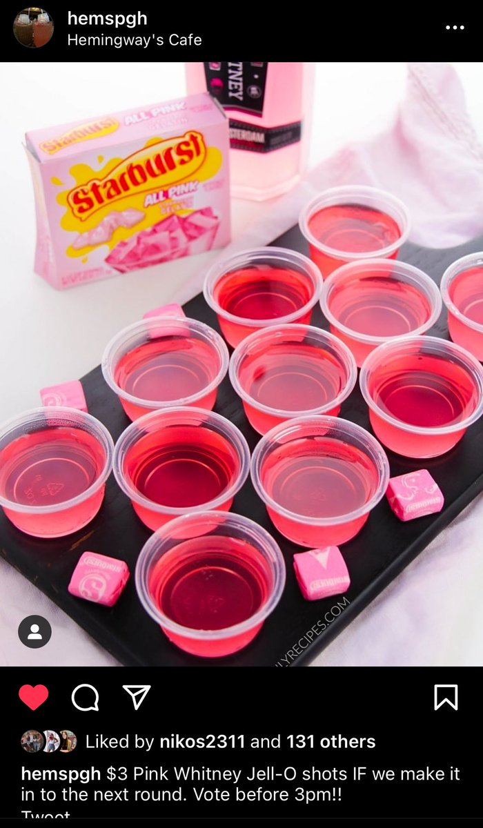Dgalps's tweet photo. Last few minutes to vote to get $3 jello pink whit shots #BestBarHemingways https://t.co/6902F7Qdjk