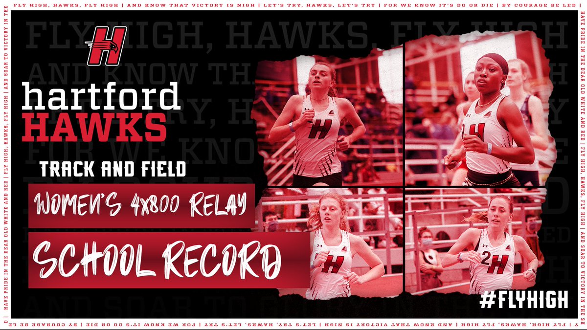 HartfordTFXC's tweet photo. The women's 4x800m relay team of Hannah D'Orso, Haleemot Adeyanju, Hailey Marcello, and Abby O'Connor shattered the school-record at the America East Championships! Running a combined time of 9:13.91! 🔥

#FlyHigh | #AETF https://t.co/2fAPnWzgAA