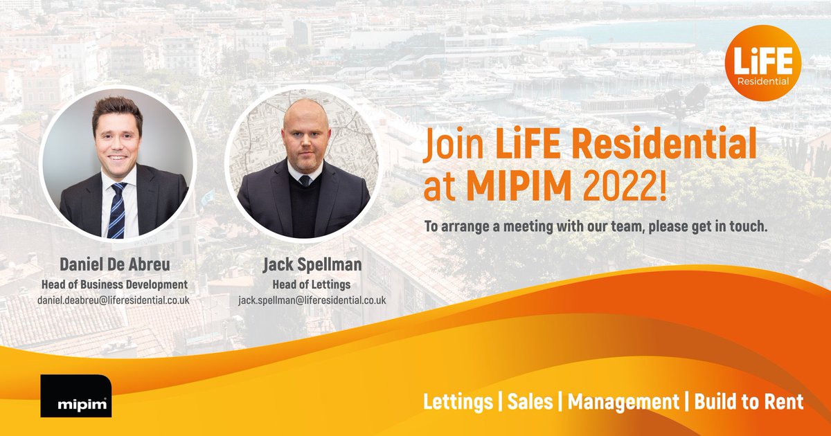 Join LiFE Residential at <a href="/MIPIMWorld/">MIPIM</a> 2022! 🏡

To arrange a meeting with Head of Business Development, Daniel de Abreu, and Head of Lettings, Jack Spellman, please get in touch via the details below.

#lettings #sales #propertymanagement #buildtorent #mipim2022