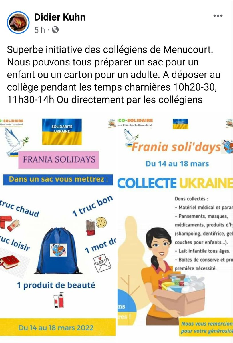 CEcosolidaire's tweet photo. Nous organisons en effet dès lundi 14 mars une collecte solidaire au profit des femmes et enfants ukrainiens. Tous les produits collectés seront déposés à la Tour Engie de Cergy auprès du collectif solidarité 95. #SolidariteUkraine #solidarite #jeunessesolidaire https://t.co/XwKWB8f4e9