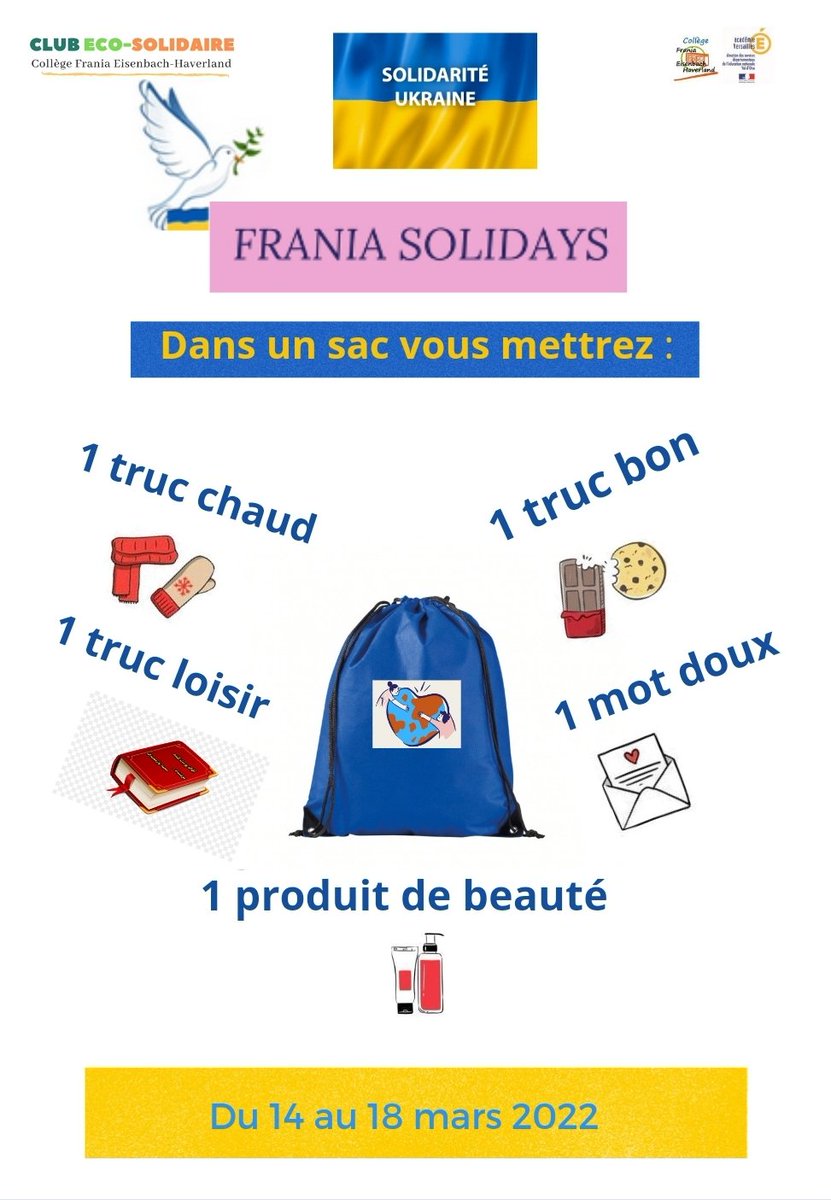 CEcosolidaire's tweet photo. Nous organisons en effet dès lundi 14 mars une collecte solidaire au profit des femmes et enfants ukrainiens. Tous les produits collectés seront déposés à la Tour Engie de Cergy auprès du collectif solidarité 95. #SolidariteUkraine #solidarite #jeunessesolidaire https://t.co/XwKWB8f4e9