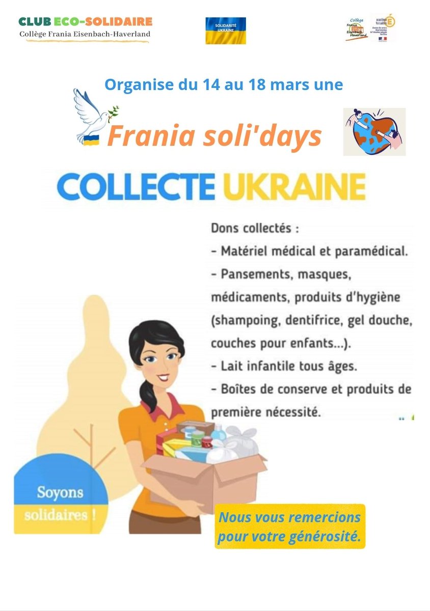 CEcosolidaire's tweet photo. Nous organisons en effet dès lundi 14 mars une collecte solidaire au profit des femmes et enfants ukrainiens. Tous les produits collectés seront déposés à la Tour Engie de Cergy auprès du collectif solidarité 95. #SolidariteUkraine #solidarite #jeunessesolidaire https://t.co/XwKWB8f4e9