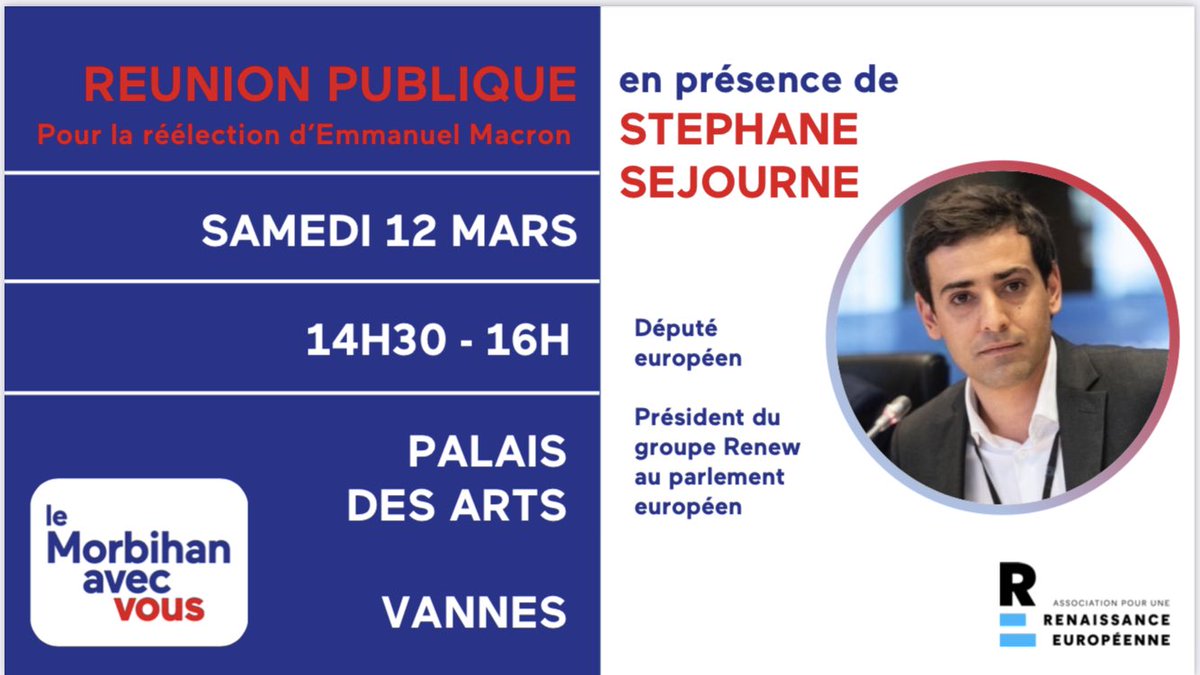 Vous voulez en savoir plus sur <a href="/EmmanuelMacron/">Emmanuel Macron</a> et sa campagne ? Son conseiller l'eurodéputé <a href="/steph_sejourne/">Stéphane Séjourné</a> est de passage demain à Vannes pour une réunion publique à ne pas manquer ! 🗳