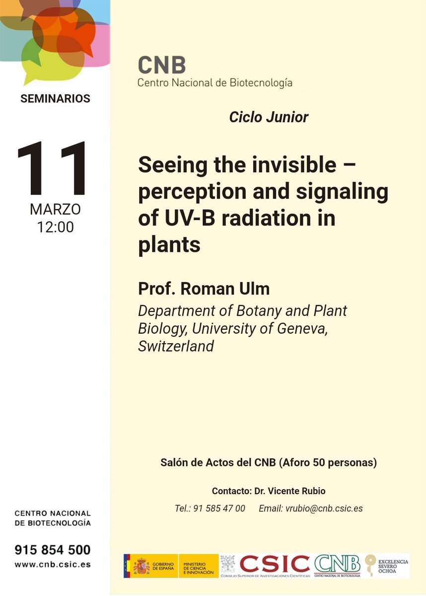 VicenteRubioSci's tweet photo. First in person seminar in two years at the @CNB_CSIC by an invited speaker from the plant field. Such a joy having here @roman_ulm to talk on how plants see the invisible. #PlantProteostasis #PPStasis https://t.co/jXv96YoFPZ