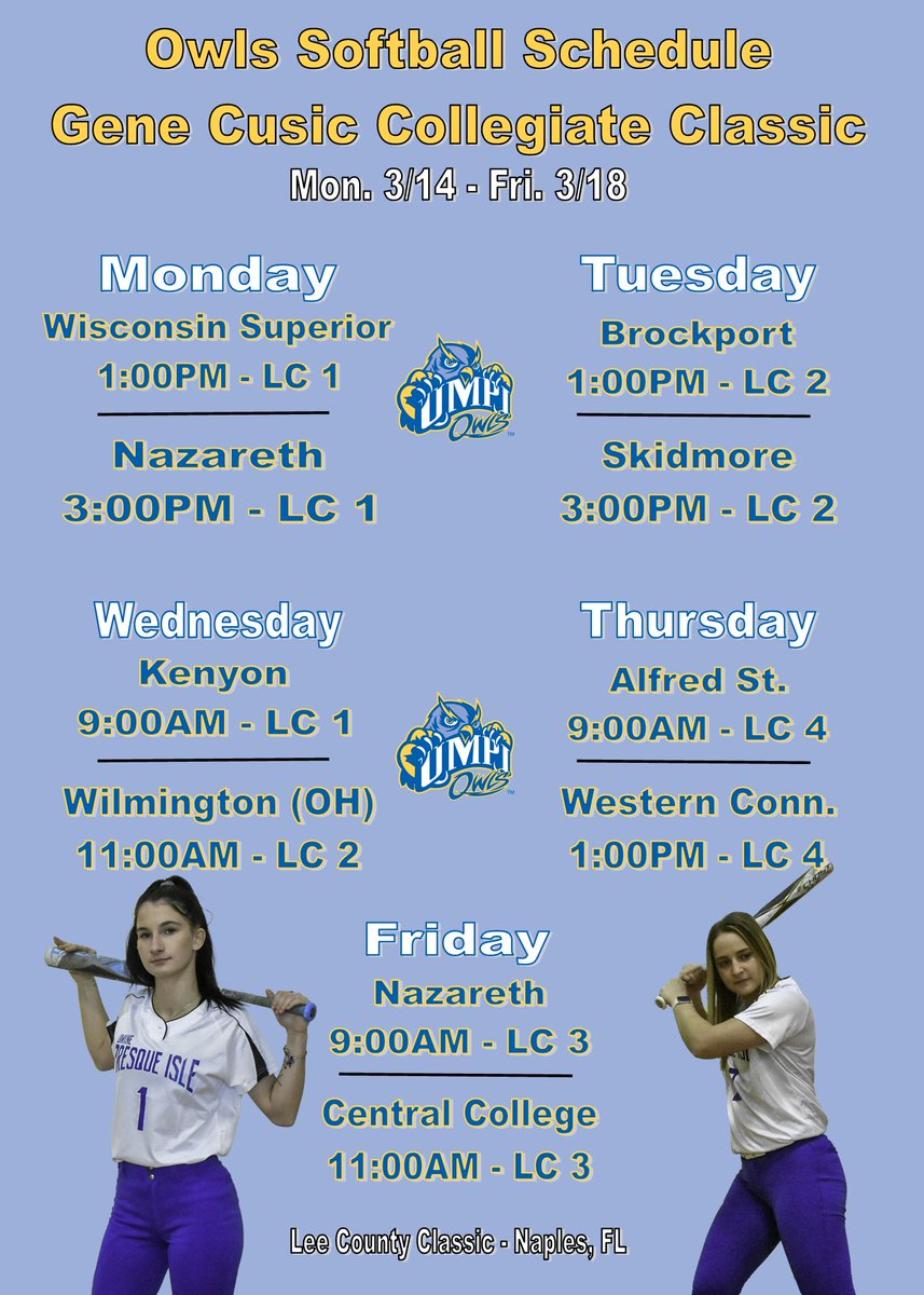 UMPIAthletics's tweet photo. UMPI Softball Heads Down to Fort Myers, Florida to Compete in the annual Gene Cusic Collegiate Classic. 
The Owls will play 10 games in five days!
Tournament Website: https://t.co/RfuhDO9pa0
Results and Recaps can be found here: https://t.co/qmOoeQHW7F
#umpiowls https://t.co/C0ElgiXa4T