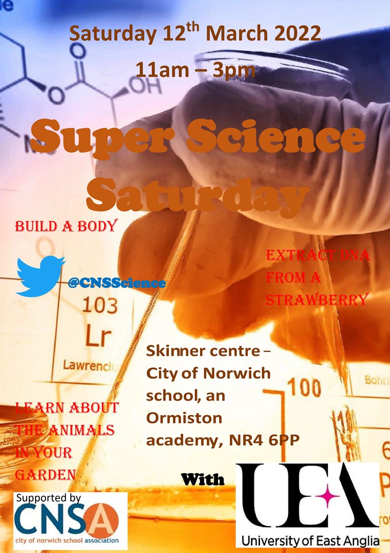 CNSScience's tweet photo. Super Science Saturday takes place tomorrow @cns_school. Join us between 11 and 3 for some free hands on science activities. Refreshments will also be available from @CNSAssociation. https://t.co/Cq0pVFEvNh