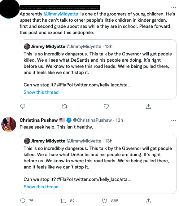 JimmyMidyette's tweet photo. I knew I'd eventually be attacked by Pushaw and her trolls. Dozens of RTs and DMs just like these. Some worse. Many complaining that I limited replies because I didn't want this hate and deceit in my mentions.
I won't be bullied into silence by anyone. #DontSayGay? #IthinkIwill. https://t.co/ra4WJoWaOm
