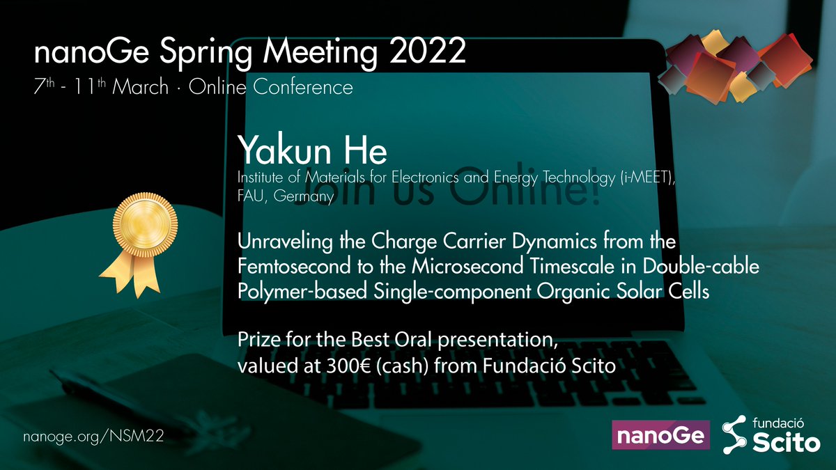 🏆Yakun He (from <a href="/UniFAU/">FAU Erlangen-Nbg</a>) is the winner of the Best Oral presentation prize from Fundació Scito (<a href="/scito_Fundacio/">Fundació Scito</a>) at #NSM22

🎖️Presenting 'Unraveling the Charge Carrier #Dynamics from the #Femtosecond to the #Microsecond #Timescale in...'

Congrats🥳
nanoge.org/NSM22