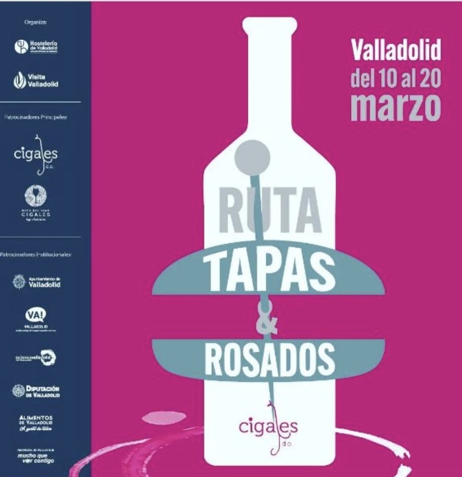BdgASantamaria's tweet photo. Del 10 al 20 de Marzo Valladolid se viste de rosa...
Disfruta de la Ruta de Tapas y Rosados ☺💗
@DOCigales @RutaVinoCigales @alimentosVALL @Apehva 
#siesrosadoescigales https://t.co/p2LcAO4TnJ