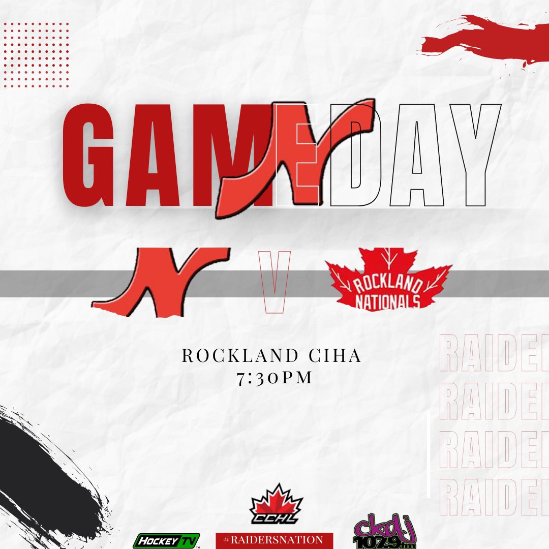 Nepeanraiders's tweet photo. ⚔️Game Day⚔️

🆚 | @RocklandNatsJrA 
📍 | #RocklandCIHA
⏰ | 7:30pm
📺 | @MyHockeyTV 
📻 | @CKDJ1079 

#RIdersNation⚪️🔴 #NEPvsROC #CCHL #Nepean #Raiders #Hockey #JrA #HockeyTV #CKDJ https://t.co/DKiKaT3Krl