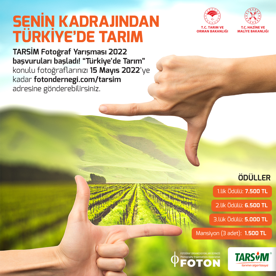 TARSİM Fotoğraf Yarışması 2022 başvuruları başladı! “Türkiye’de Tarım” konulu fotoğraflarınızı 15 Mayıs 2022’ye kadar fotondernegi.com/tarsim adresine gönderebilirsiniz.

#tarımsigortasızolmaz #tarımsigortası #tarsim #tarımınsigortasıyız
