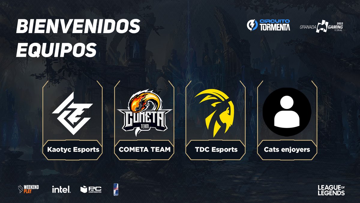 ¡Últimos equipos que participan en nuestro clasificatorio de <a href="/lol_es/">League of Legends ES</a>! ⚡️

➡️ Kaotyc Esports
➡️ <a href="/CometaTeam/">Cometa</a>
➡️ <a href="/TDCEsports/">TDC Esports</a>
➡️ Cats enjoyers

<a href="/SomosLaTormenta/">Circuito Tormenta</a> <a href="/WeekendPlay/">Weekend Play</a> #CircuitoTormenta #GranadaGaming