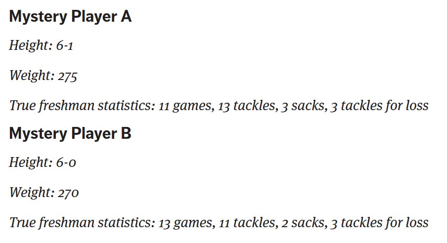 Mystery Player A is Voi Tunuufi.
Mystery Player B is Aaron Donald.

Now, no one is saying Tunuufi will develop into one of the premier pass-rushers in NFL history. But under Donald's former position coach, is Tunuufi due for a breakout sophomore season? seattletimes.com/sports/uw-husk…