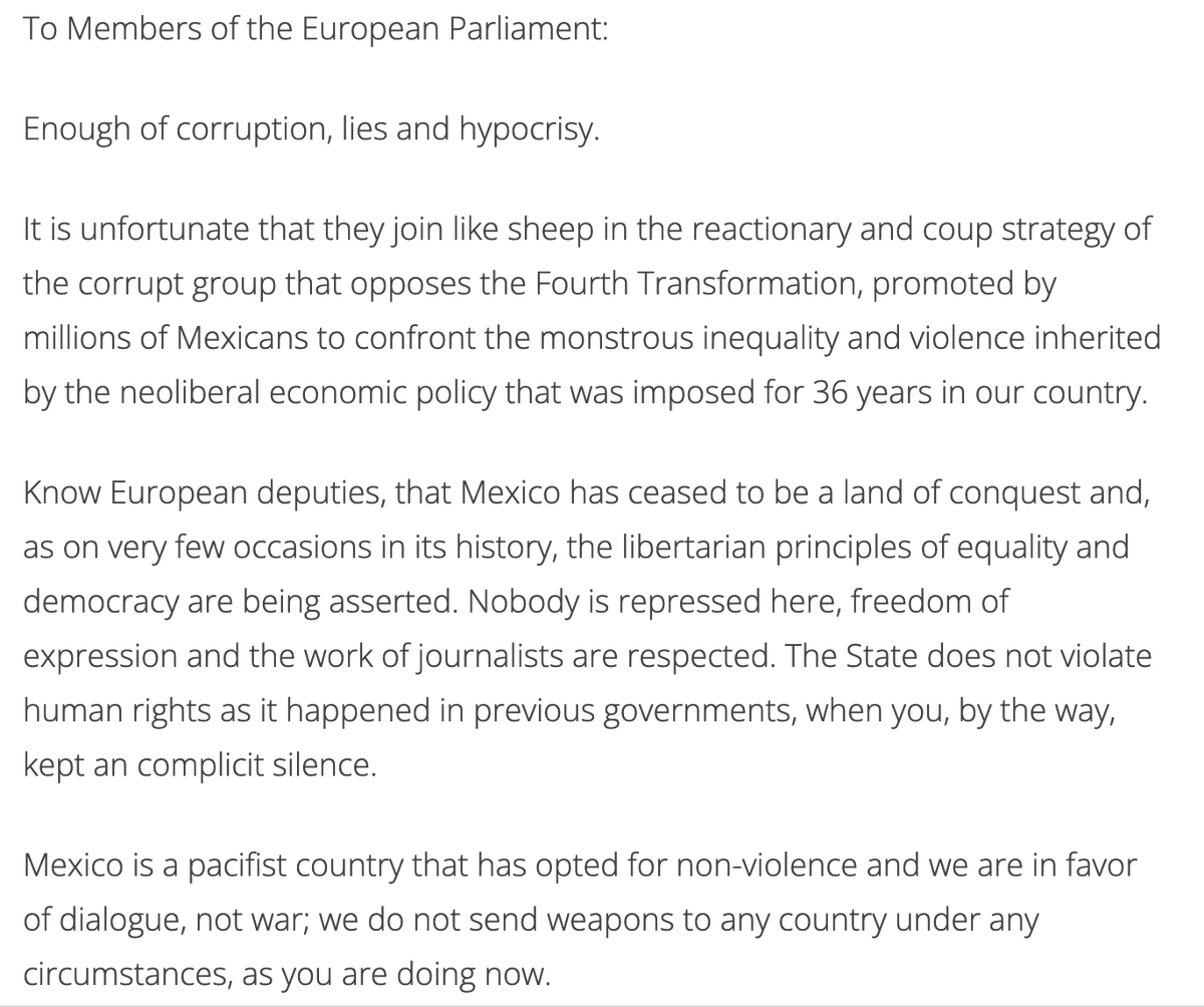KimDotcom's tweet photo. The EU is condemning Mexico's President for "harsh criticisms" of journalists. That's the same EU that does little to end the persecution of Julian Assange. Mexico's reply : "You should know, European Parliament, that Mexico is no longer anybody’s colony."

Mexico's letter: 🔥🔥 https://t.co/AOGMCf0m2R