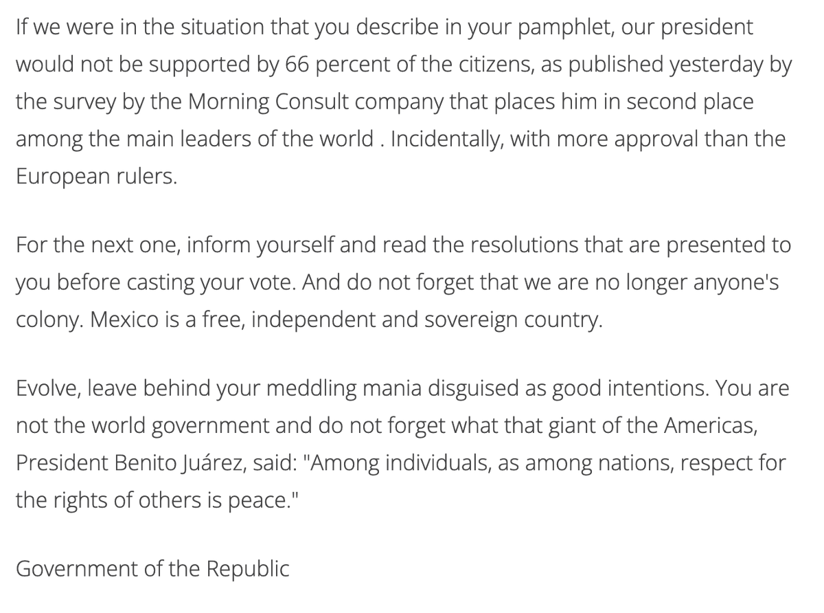 KimDotcom's tweet photo. The EU is condemning Mexico's President for "harsh criticisms" of journalists. That's the same EU that does little to end the persecution of Julian Assange. Mexico's reply : "You should know, European Parliament, that Mexico is no longer anybody’s colony."

Mexico's letter: 🔥🔥 https://t.co/AOGMCf0m2R