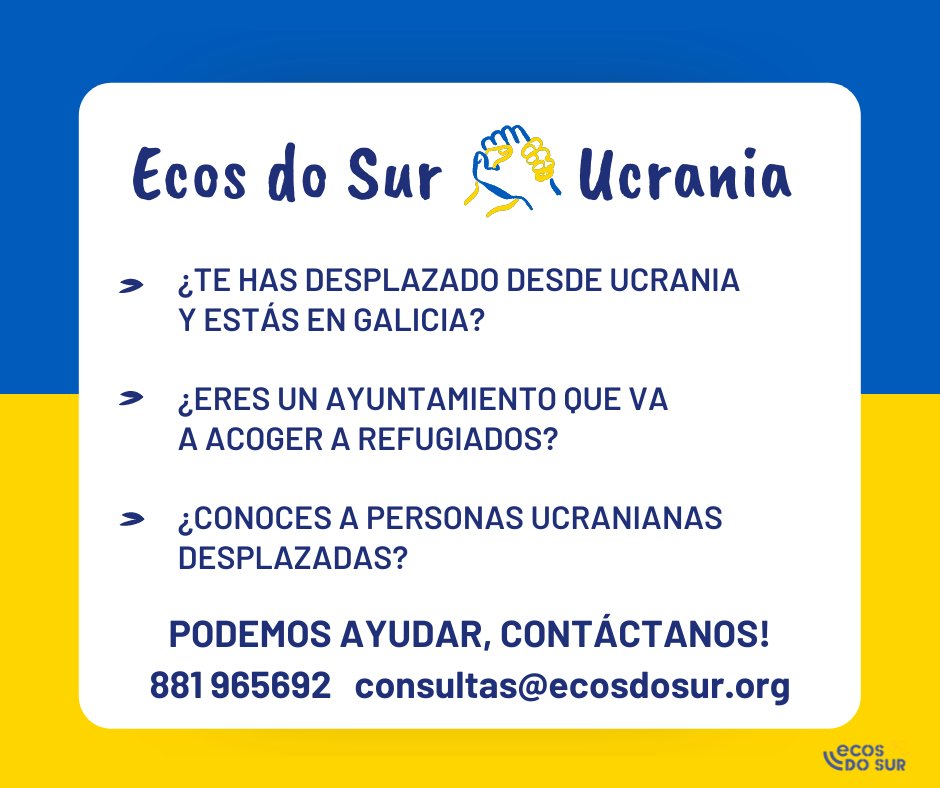 ecosdosur's tweet image. 🇺🇦 Nuestro equipo de abogadas, psicólogas, intérpretes, trabajadoras sociales y mediadoras está disponible para:

👉Atender a las personas desplazadas que llegan a Galicia desde #Ucrania.

👉Asesorar a los municipios de acogida.

Contacta, comparte, difunde 💙