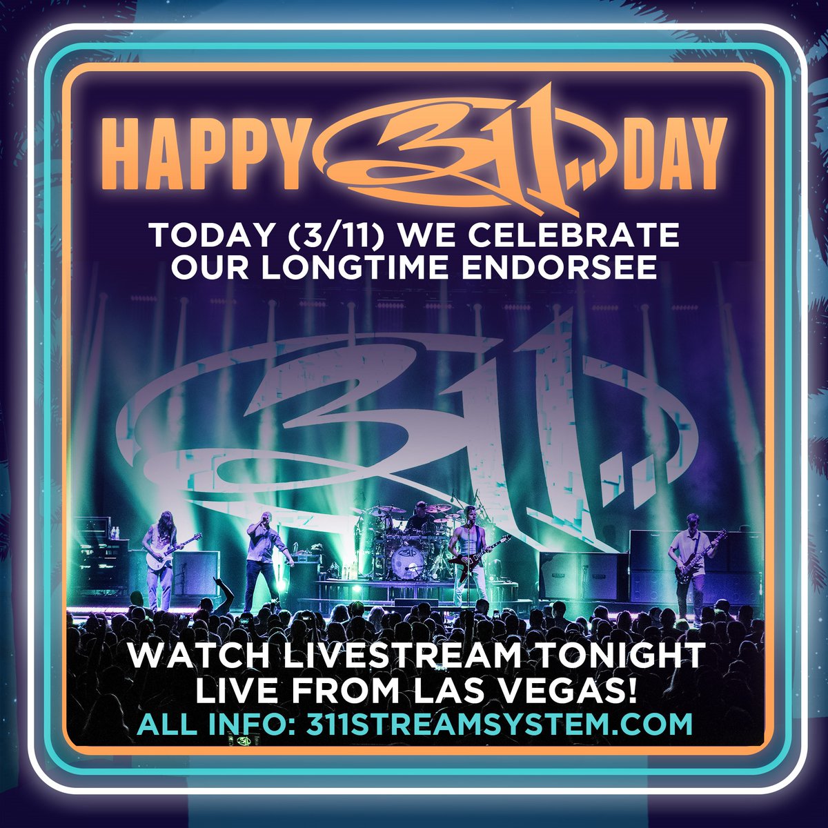MesaBoogie's tweet photo. Happy #311DAY2022! In celebration, catch the @311 livestream Fri. 3/11 &amp; Sat. 3/12 from the Dolby Live Theater at @parkmgm Las Vegas! https://t.co/EsoCAPV45L

#MesaArtist #NickHexum #TimMahoney @311
#MesaBoogie #RoadKing #MarkV #TripleCrownTC100 #4x12Recto https://t.co/Hz3l6zmHgF