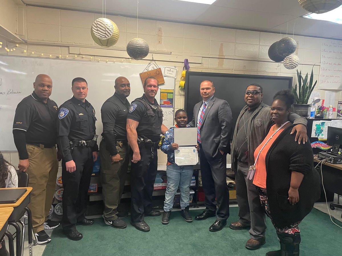 This morning Exxie Clark, 4th grader at Main Street Visual and Performing Arts Magnet School, received the Life Saving Award from the Hot Springs Police Department along with the HSSD Institutional Law Enforcement Officers for his heroic actions helping another student. #hero