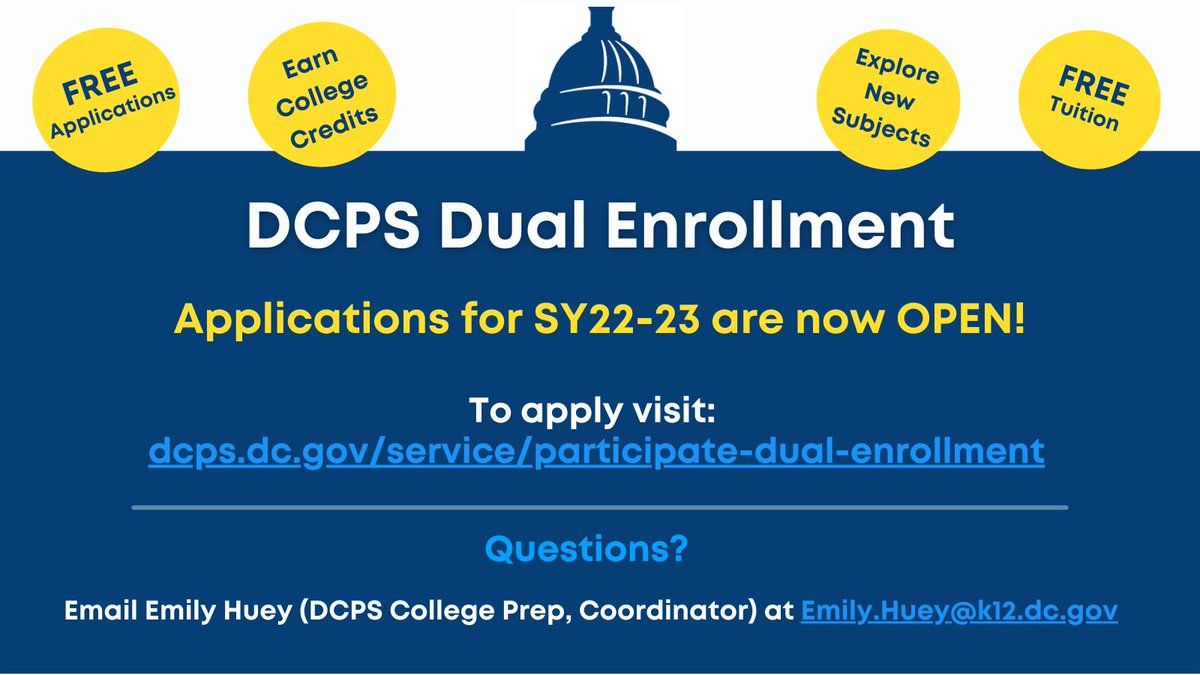 Dual Enrollment applications for SY22-23 are OPEN! Dual Enrollment is a tuition-FREE opportunity for eligible DCPS high school students to take challenging courses while earning college credit. Learn more and apply today at: dcps.dc.gov/service/partic…
#DCPSGoesToCollege