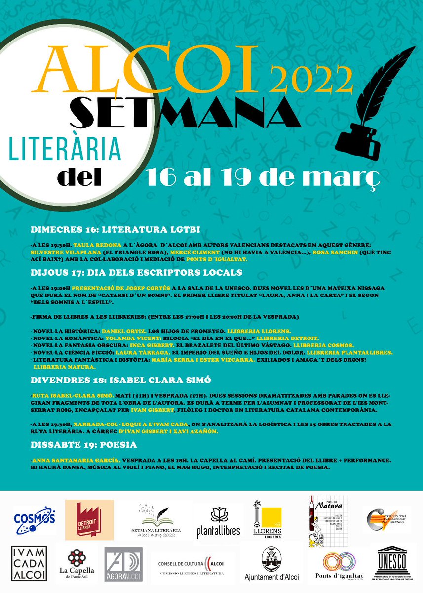 Hui 'La dona invisible' a <a href="/DetroitLlibres/">Detroit Llibres</a> i la setmana que ve Setmana Literària d' #Alcoi
El 16/3 taula rodona LGTBI amb <a href="/sancau/">Rosa Sanchis Caudet</a> 'Què tinc ací baix?'
El 17/3 <a href="/EsterVizcarra/">Ester Vizcarra</a> signarà 'Amaga't dels drons' a #Natura.
💫📖