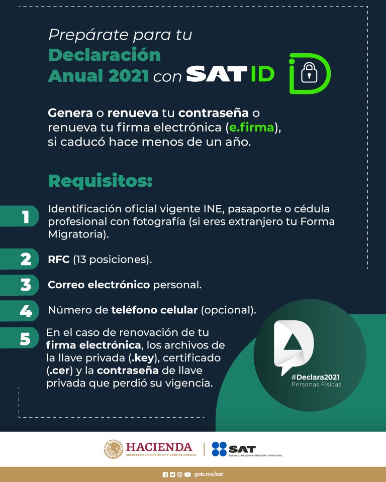 SATMX's tweet photo. ¿Eres persona física? ¿Vas a presentar tu Declaración Anual 2021 y necesitas tu Contraseña o renovar tu firma electrónica (e.firma), si caducó hace menos de un año?

Ingresa a https://t.co/H0Dg6wTAeI. https://t.co/OCuxLJIpvu