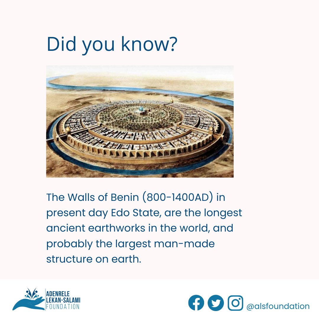 ALS_foundation's tweet photo. Did you know?
That the Walls of Benin (800-1400AD) in present day Edo State, are the longest ancient earthworks in the world, and probably the largest man-made structure on earth after the great wall.
#alsfoundation #tgif #didyouknow https://t.co/bhe7otVZW6