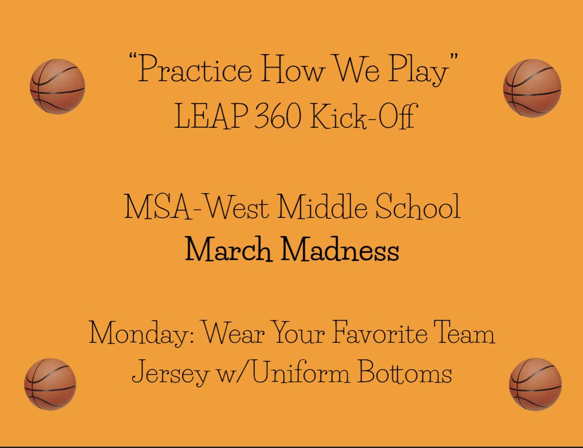 Middle schoolers, wear your favorite jersey of any type on Monday with uniform bottoms to kick off our “practice how we play” week! (I’ll be wearing my LeBron) I can’t wait to see how my students will perform on the social studies test. I have high hopes!🎉<a href="/msa_w/">MSA West M/HS</a>