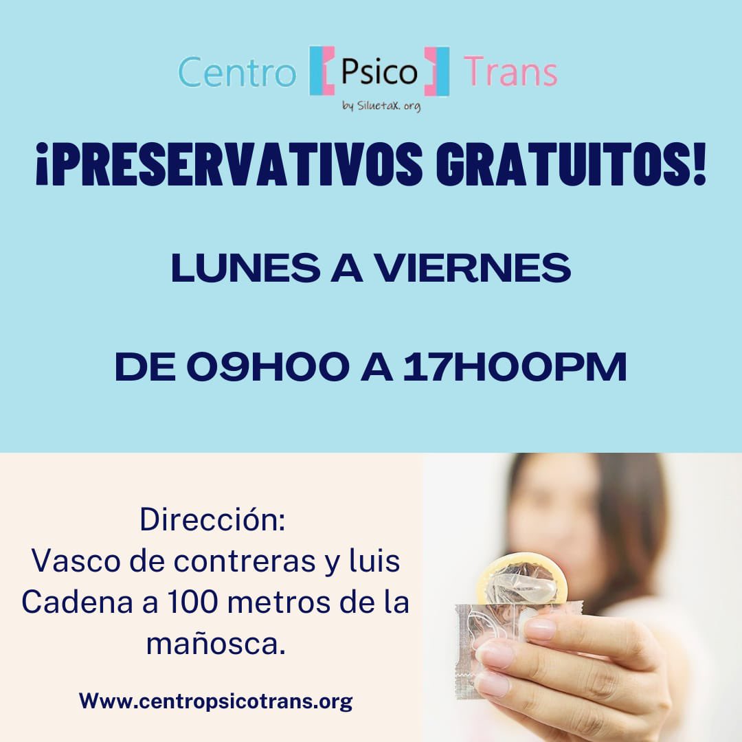 CentroTransEc's tweet photo. PRESERVATIVOS GRATUITOS!

09H00AM 17H00PM

Vasco de contreras y luis cadena a 100 metros de la mañosca, Quito - Ecuador

#CentroPsicoTrans
#NoMasTransOdio
#SiluetaX

https://t.co/GydN7bCSf8 https://t.co/cme5SQFXyI