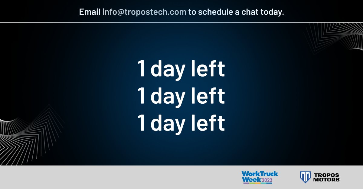 There’s one day left to schedule a chat with us at Work Truck Week 2022! Don’t miss out on this great opportunity to learn about how you can optimize your workload and expand your vehicle fleet with zero-emission technologies.