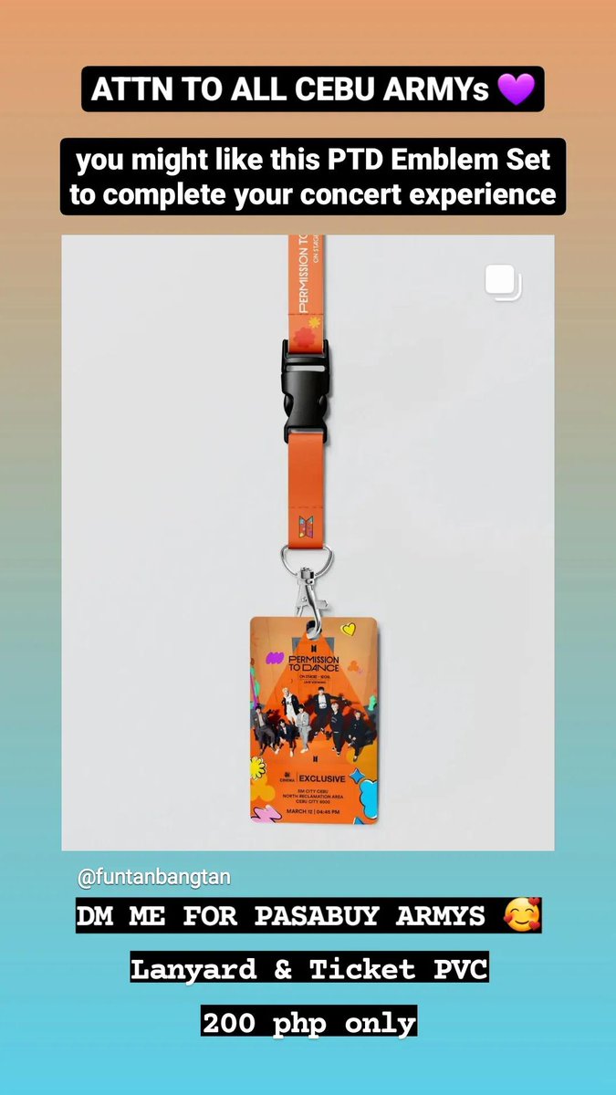 funtanbangtan's tweet photo. Attention to all Cebu ARMY's 

To complete your concert experience, you might like this PTD On Stage Lanyard and Ticket Emblem. Send DMs for interested 💟💌💜 #Cebuarmy #PTDLIVEVIEWING #cebu #cebu #ptdcebu #smcebu https://t.co/hyOUaOJfc8