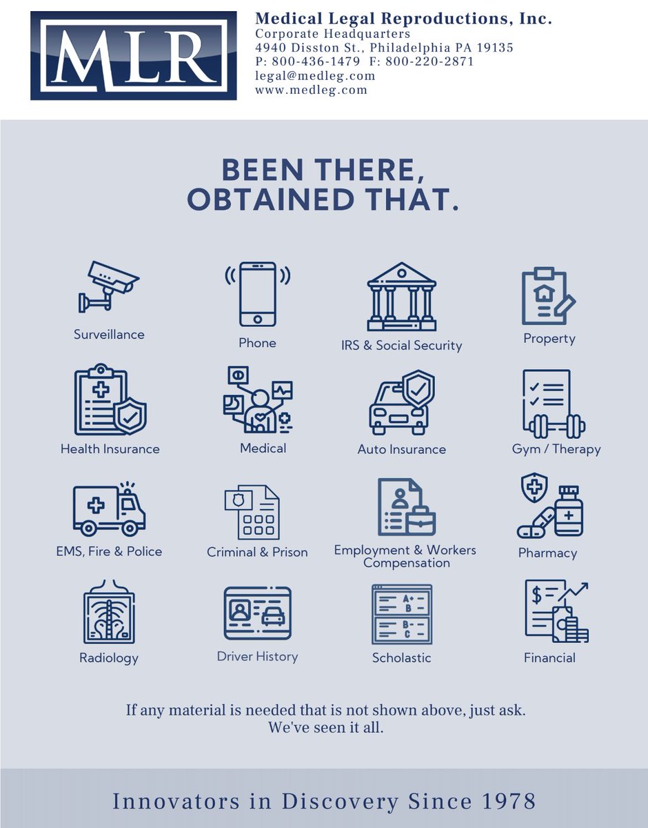medleginc's tweet photo. MLR Can secure any type of legal record or imaging study you need to defend your case, efficiently and via our secure platform. 
Call Chris today at 267-351-4564 or e mail at cbruno@medleg.com
#medicalrecords #legalrecords #records #HIPAA #medicalauthorizations #subpoenas #lawyer https://t.co/gG2pXkgGAL