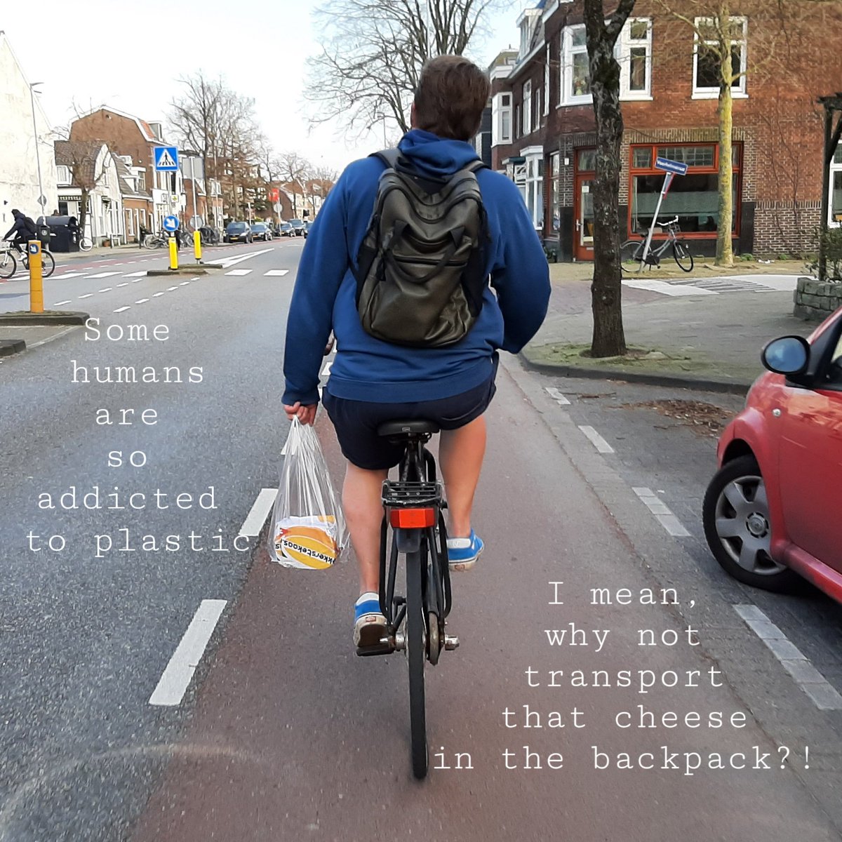 (Some) humans are so addicted to plastic (bags). I mean, why not transport that cheese in the backpack?! Do they not care? Are they really that unaware? What is it ? Does the store not care ? 
#plastic #refusesingleuse #bringthebag #plasticsoup