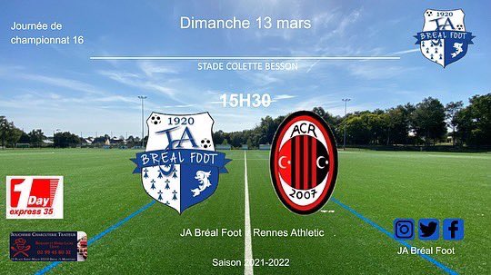FootJa's tweet image. ⚽️ Programme séniors 
Dimanche 13 mars

- Sénior A 15h30 à Bréal : JA Bréal 🆚 Rennes Athletic
- Sénior B 13h30 à Bréal : JA Bréal 🆚 FC Baulon Lassy 
- Sénior C 15h30 à Lassy : FC Baulon Lassy 🆚 JA Bréal